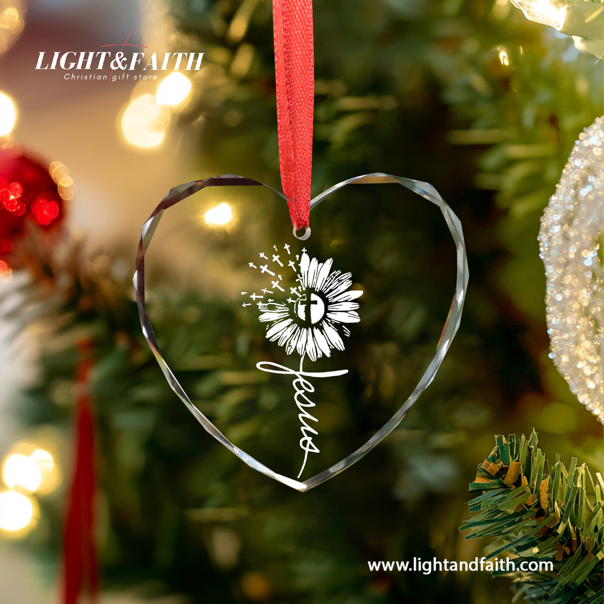 Jesus Sunflower Heart Ornament, Christian Faith Ornament, Religious Glass Decoration, Inspirational Gift for Her, Minimal Cross Christmas Decor DCLAF65